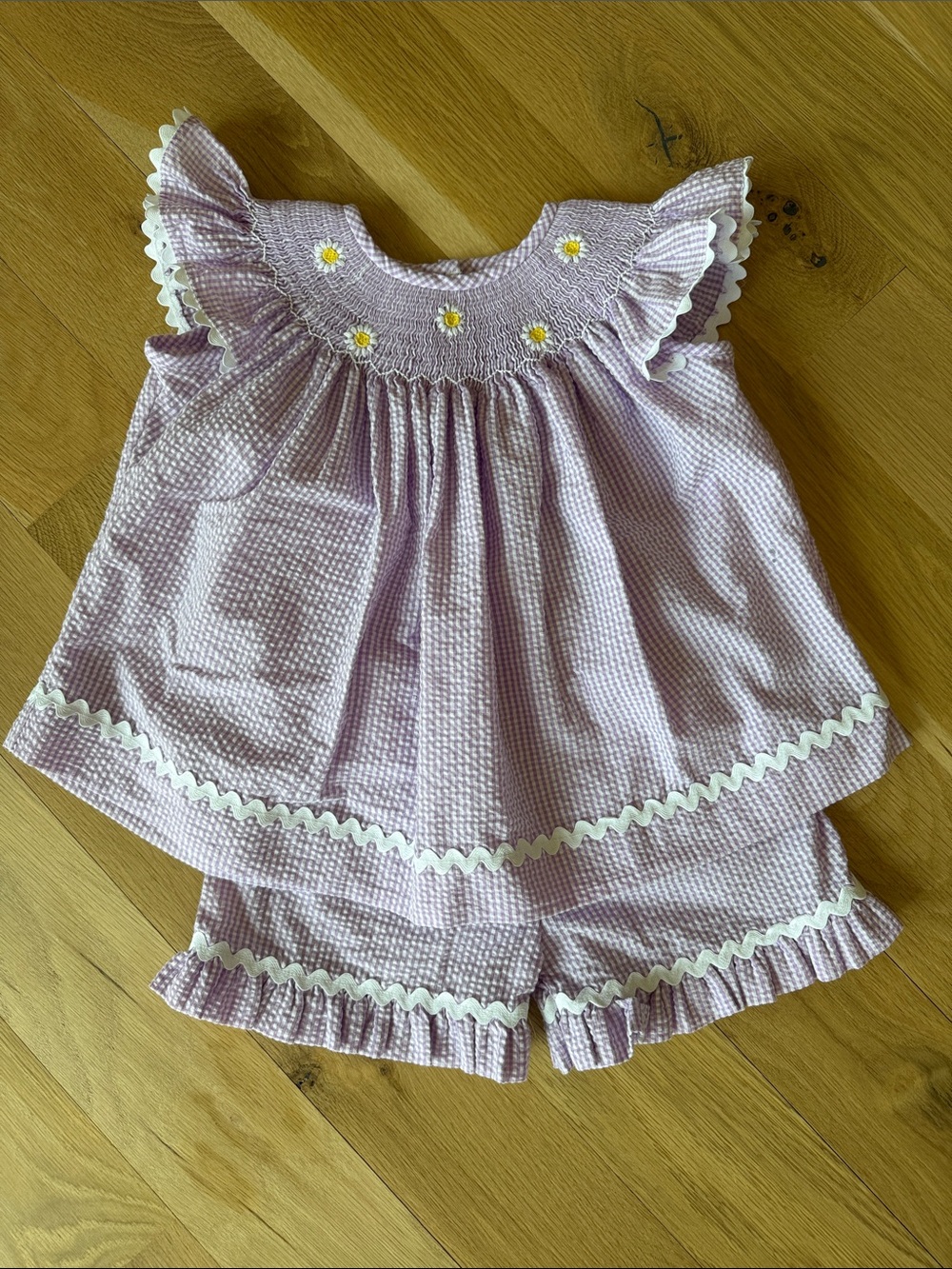 Stitchy Fish Purple Gingham Shirt and Short Set with Smocked Daisy Detail